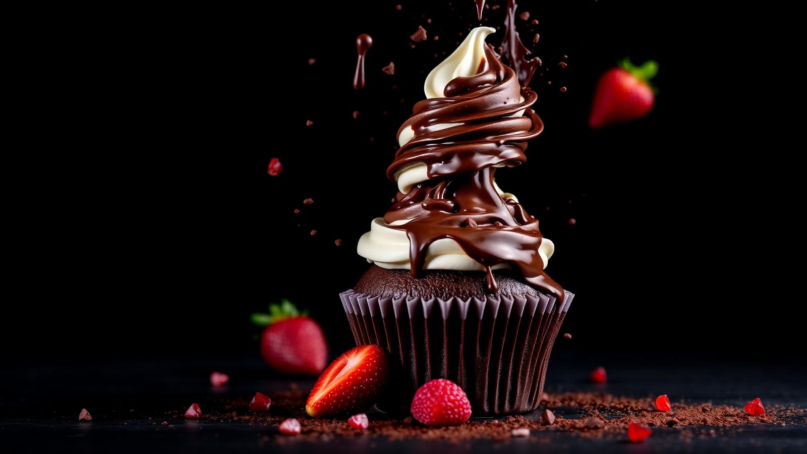 Chocolate cupcake with cream and chocolate splash